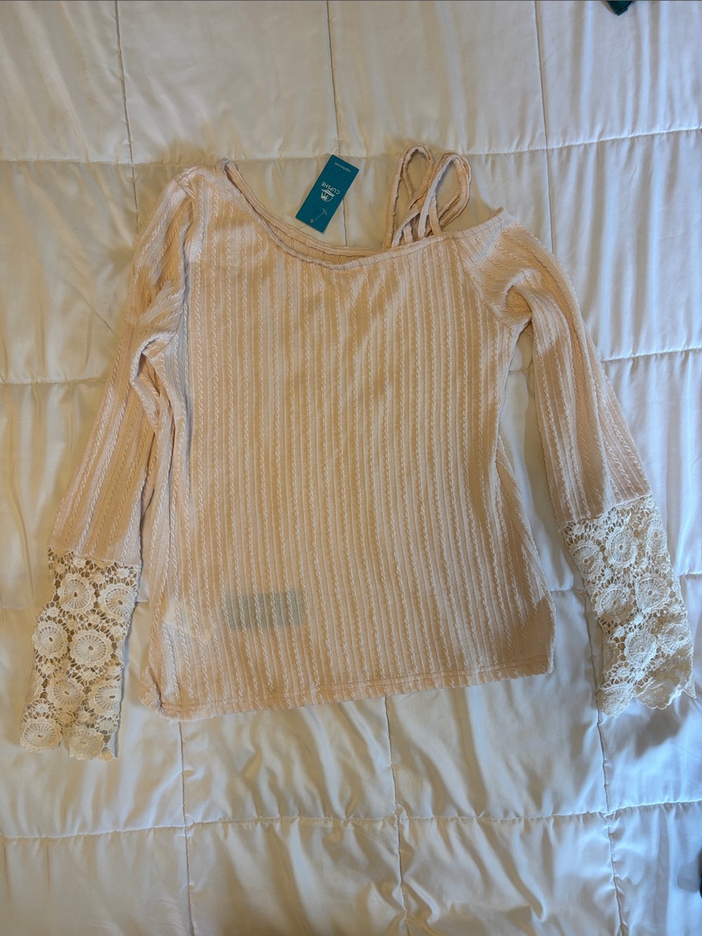 Cupshe Cream Off-Shoulder Lace-Sleeve Knit Sweater